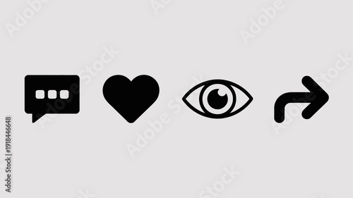 A row of four simple black icons depicts a chat bubble heart eye and right pointing arrow all on a light grey background high quality professional
