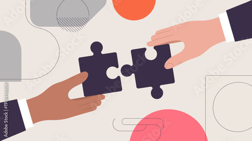 Two hands one dark skinned and one light skinned connect two puzzle pieces symbolizing collaboration and unity in a pastel setting high quality professional detailed modern