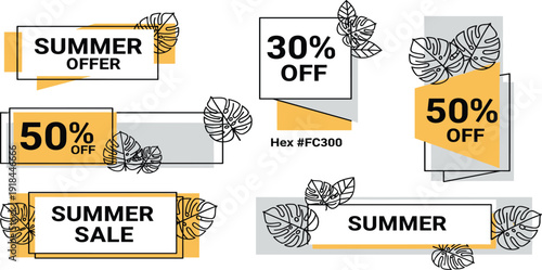 Various promotional banners and labels for summer sale offers displayed on a white background