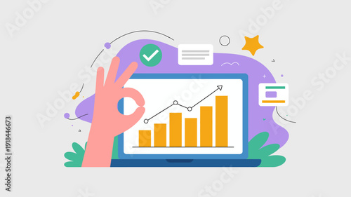 An illustration depicts a laptop displaying a growth chart accompanied by a hand making an ok sign and various icons high quality professional detailed modern elegant