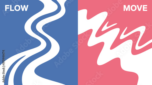 A vibrant split screen design features abstract white shapes against a blue and red background with the words flow and move displayed high quality professional detailed