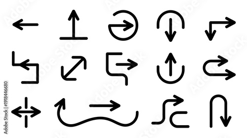 A collection of simple black line drawings depicts various directional arrows and curved symbols arranged in a grid pattern high quality professional detailed modern elegant stylish