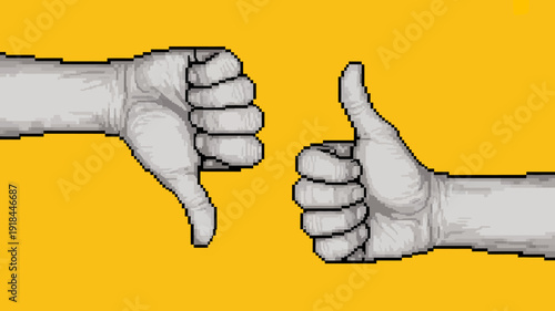 A stark visual contrast depicts two hands one giving a thumbs down and the other a thumbs up against a vibrant yellow background high quality professional
