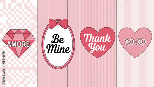 A vibrant pink toned image displays four decorative elements a diamond a heart with text a heart and another heart with lettering high quality professional detailed