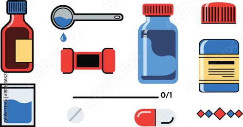 Pharmacy and medical treatment set with syrup bottles, pills, capsule, measuring spoon and medicine jar on white background.