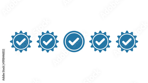 A row depicts five blue icons four with gear like edges and checkmarks and one circular with a checkmark high quality professional detailed modern elegant stylish