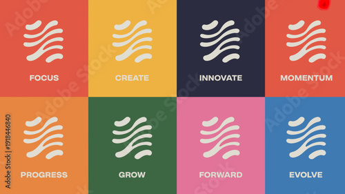 A colorful grid displays abstract white wave like shapes paired with motivational words like focus create innovate and momentum high quality professional detailed modern elegant stylish