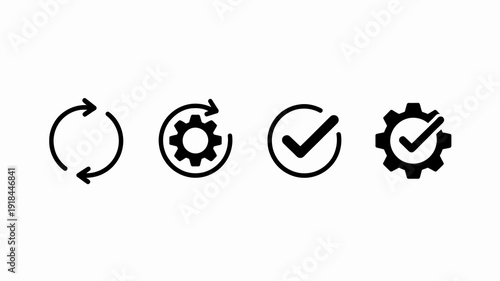 A series of four black circular icons depict concepts of process mechanics completion and configuration high quality professional detailed modern elegant stylish clean crisp vibrant colorful