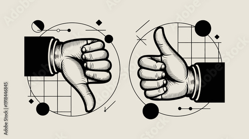 A contrasting illustration depicts a hand giving a thumbs down alongside another hand offering a thumbs up set against a geometric backdrop high quality professional detailed