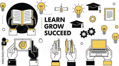 A graphic illustration depicting a person learning and growing with various educational elements and symbols surrounding them