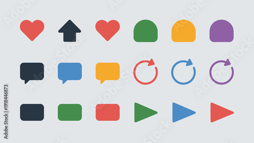 A collection of colorful flat design icons is displayed including hearts arrows speech bubbles and geometric shapes high quality professional detailed modern elegant stylish clean crisp