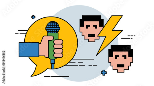 A stylized illustration depicts a hand holding a microphone with pixelated figures conveying a concept of public speaking or broadcasting high quality professional detailed modern elegant