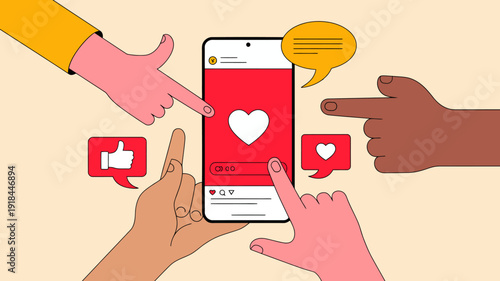 Diverse hands interact with a smartphone displaying a social media interface featuring likes and a heart icon high quality professional detailed modern elegant stylish clean crisp