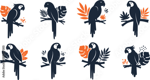Tropical parrot and exotic leaves icons set with macaw silhouettes perched on branches on white background.