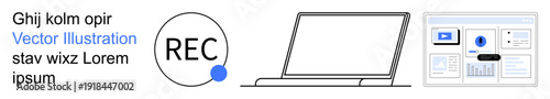 Digital content creation, recording, workflow design, productivity tools, modern technology, user interaction. Minimal graphics with REC bubble, laptop outline and interface screen. Digital content