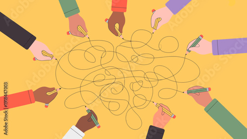 Diverse hands collaboratively draw a tangled looping line on a bright yellow background symbolizing connection and complex problem solving high quality professional detailed modern elegant stylish