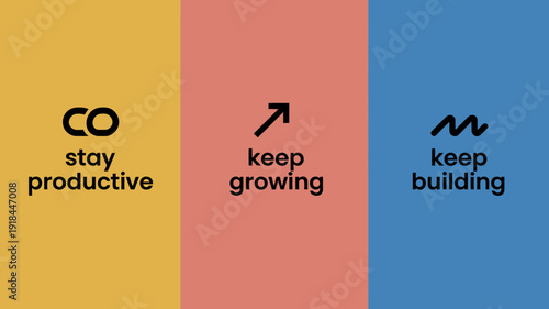 A vibrant vertically oriented image features three color blocked sections with motivational text and simple graphic elements in black high quality professional detailed modern elegant stylish