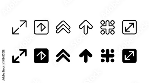A collection of simple black line art icons depicting various directional arrows boxes and a pair of glasses high quality professional detailed modern elegant stylish clean