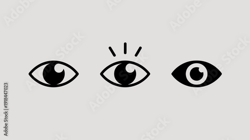 A minimalist composition features three stylized eyes depicted in black outlines against a light gray background creating a surreal effect high quality professional detailed modern elegant