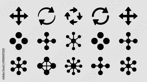 A collection of black icons depicting various directional arrows and circular rotation symbols arranged in a grid pattern high quality professional detailed modern elegant stylish clean