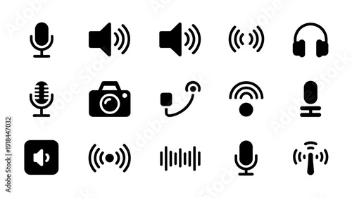 A collection of black glyph icons depicts various audio video and connectivity features including microphones speakers and headphones high quality professional detailed modern elegant stylish clean
