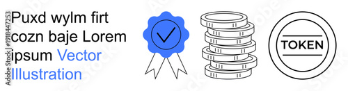 Blockchain technology, payment security, digital currency, certification, identity verification, modern transactions. Stack of coins, token symbol blue verified badge. Payment security