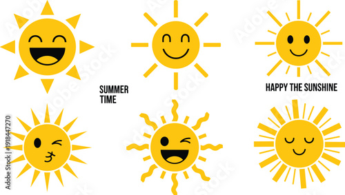 Collection of smiling sun illustrations with varying facial expressions in a vibrant graphic display