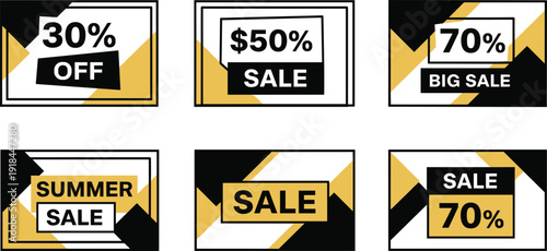 Collection of promotional sale banners with various discount offers displayed on rectangular labels