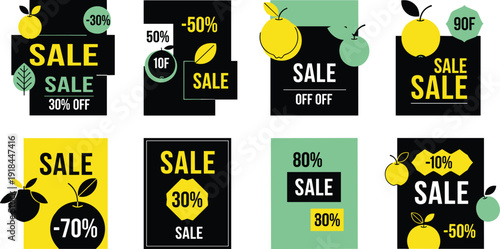 Assorted sale promotional banners with varying discounts and lemon graphics displayed together on a digital interface