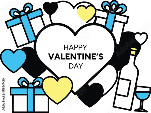Valentine's Day Celebration with Hearts, Gifts, and Wine in a Joyful Illustration