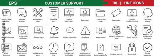 Customer Support Line Icons Set With Service Related Symbols line art vector Editable icon bundle