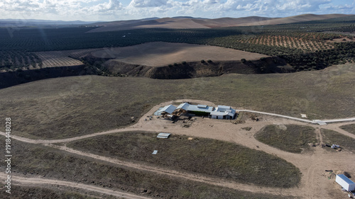 Canvas Print Drone aerial of Cástulo visitor center and valley landscape, Spain