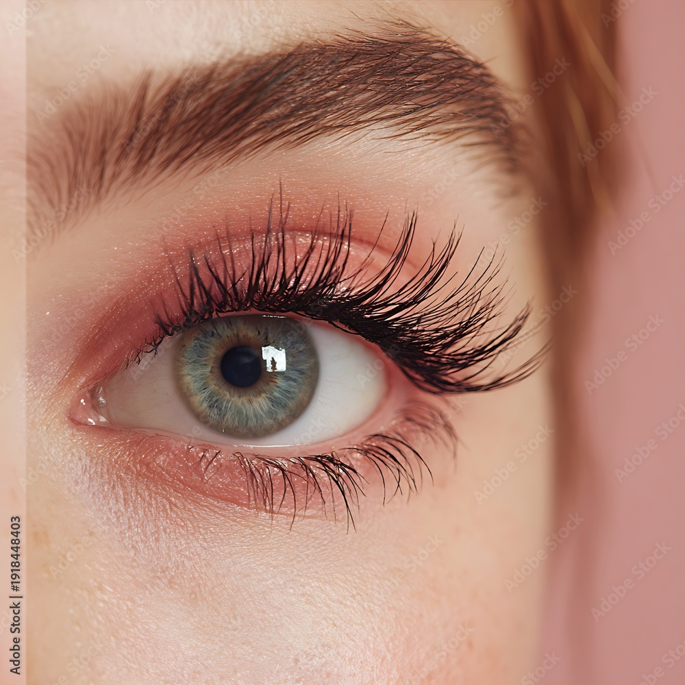 Fototapeta premium Before and After: Straight, sleek eyelashes → Whippy lashes with spiked clusters, sweet K-Beauty style eyes, soft pastel shades.