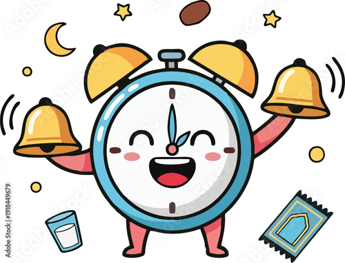 Ramadan cartoon vector illustration of smiling suhoor alarm.
