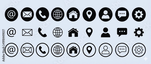 Collection of black web and contact icons featuring three distinct design styles isolated on transparent background