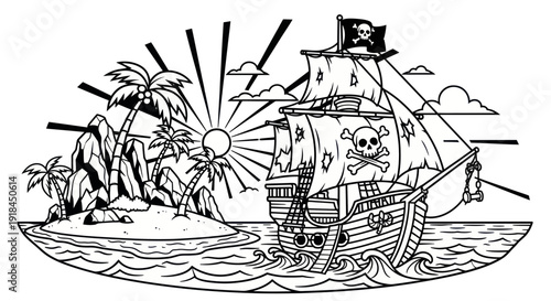 Pirate Ship Sailing Past Tropical Island with Skull Flag and Sun Rays