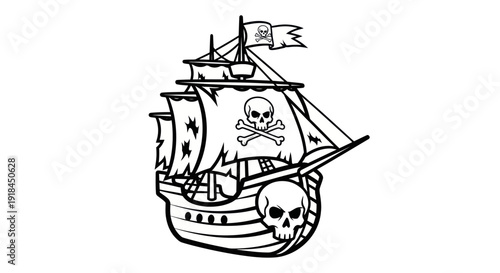 Pirate Ship with Jolly Roger Flag and Skull Illustration