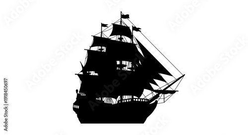 Silhouette of a majestic sailing ship with full sails on a white background