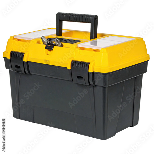Yellow and black plastic toolbox with a handle, latches and internal dividers