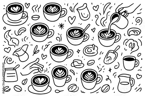 hand drawn doodle vector set of latte art icons and coffee foam designs illustrated in a playful sketchy outline style isolated on white background