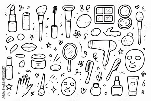 hand drawn doodle vector set of makeup and beauty elements illustrated in a fun sketchy outline style isolated on white background