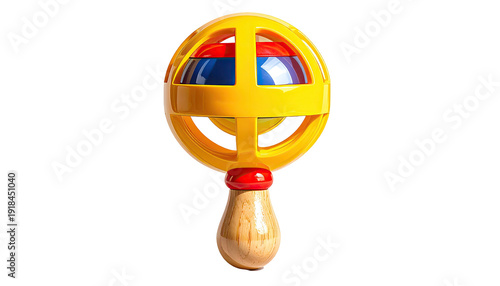 Yellow and wood baby rattle toy with colorful inside, isolated on a black background