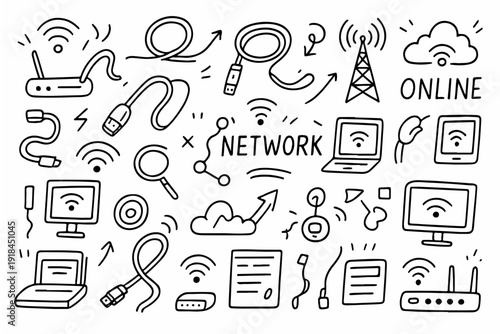 hand-drawn doodle vector set of network cables and router icons illustrated in a playful sketchy outline style isolated on white background
