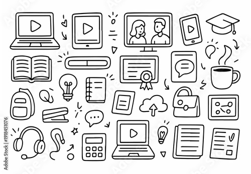 hand drawn doodle vector set of online course and digital learning icons in sketchy outline style isolated on white background