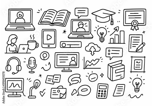 hand drawn doodle vector set of online course and digital learning icons illustrated in a clean sketchy outline style isolated on white background