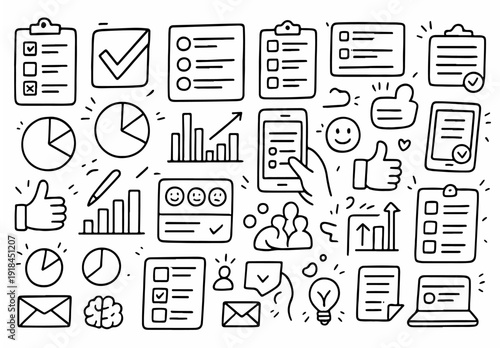 hand drawn doodle vector set of polls and surveys icons in sketchy outline style isolated on white background