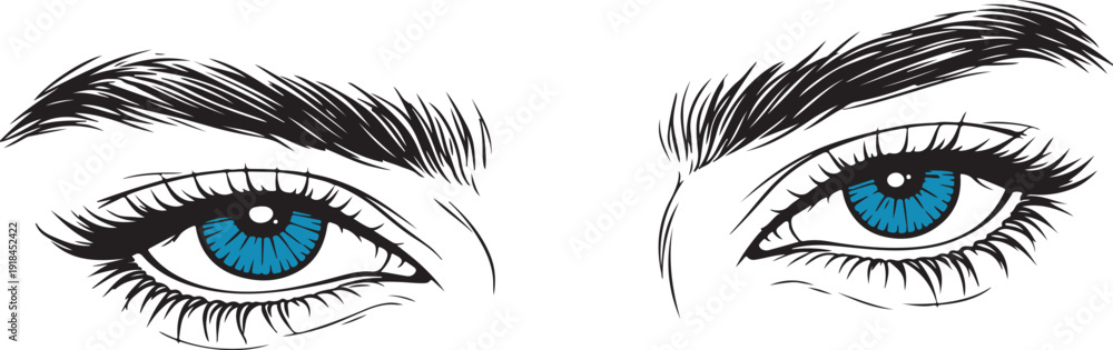 Obraz premium Closeup illustration of a womans blue eyes with long eyelashes and thick eyebrows detailed facial features