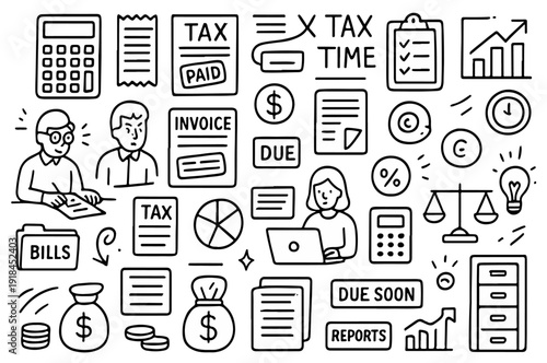 hand drawn doodle vector set of taxes and accounting icons illustrated in a clean sketchy outline style isolated on white background