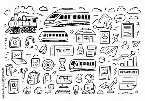 hand drawn doodle vector set of trains and railway travel elements illustrated in a fun and playful style isolated on white background