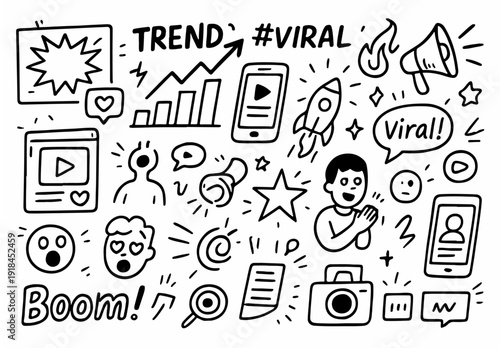 hand drawn doodle vector set of trend and viral post icons illustrated in a fun and playful style isolated on white background
